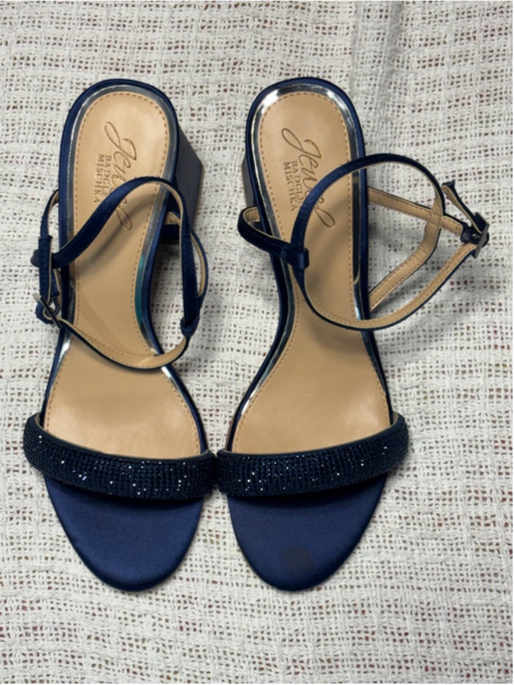 Jewel Badgley Mischka Strappy Navy Satin Rhinestone Block Heel SZ 7 Formal Party - Picture 9 of 11